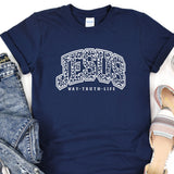 a t - shirt with the word jesus printed on it