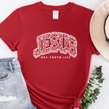a red shirt with the word jesus on it