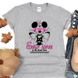 a gray shirt with minnie mouse on it