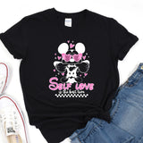 a black shirt with a minnie mouse on it