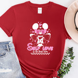 a red shirt with a minnie mouse graphic on it