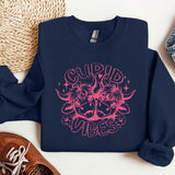 a blue sweatshirt with a pink graphic on it