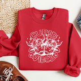 a red sweatshirt with the words cupid vibes printed on it