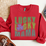a red sweatshirt with lucky lucky mama on it