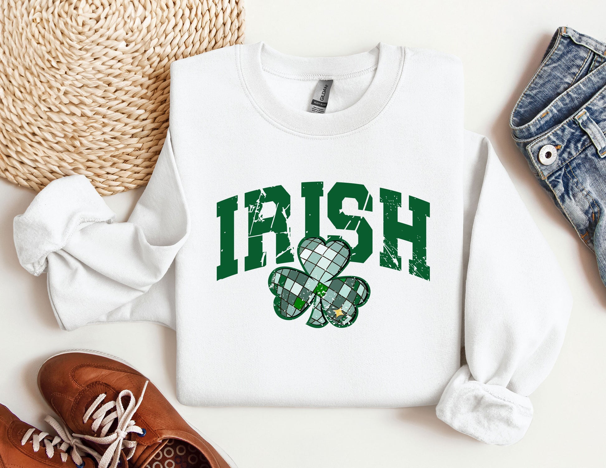 a st patrick&#39;s day sweatshirt with shamrocks on it