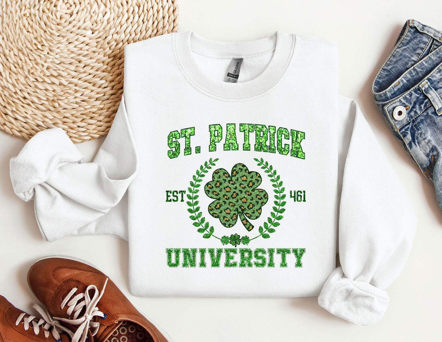 a st patrick&#39;s day sweatshirt with a shamrock on it