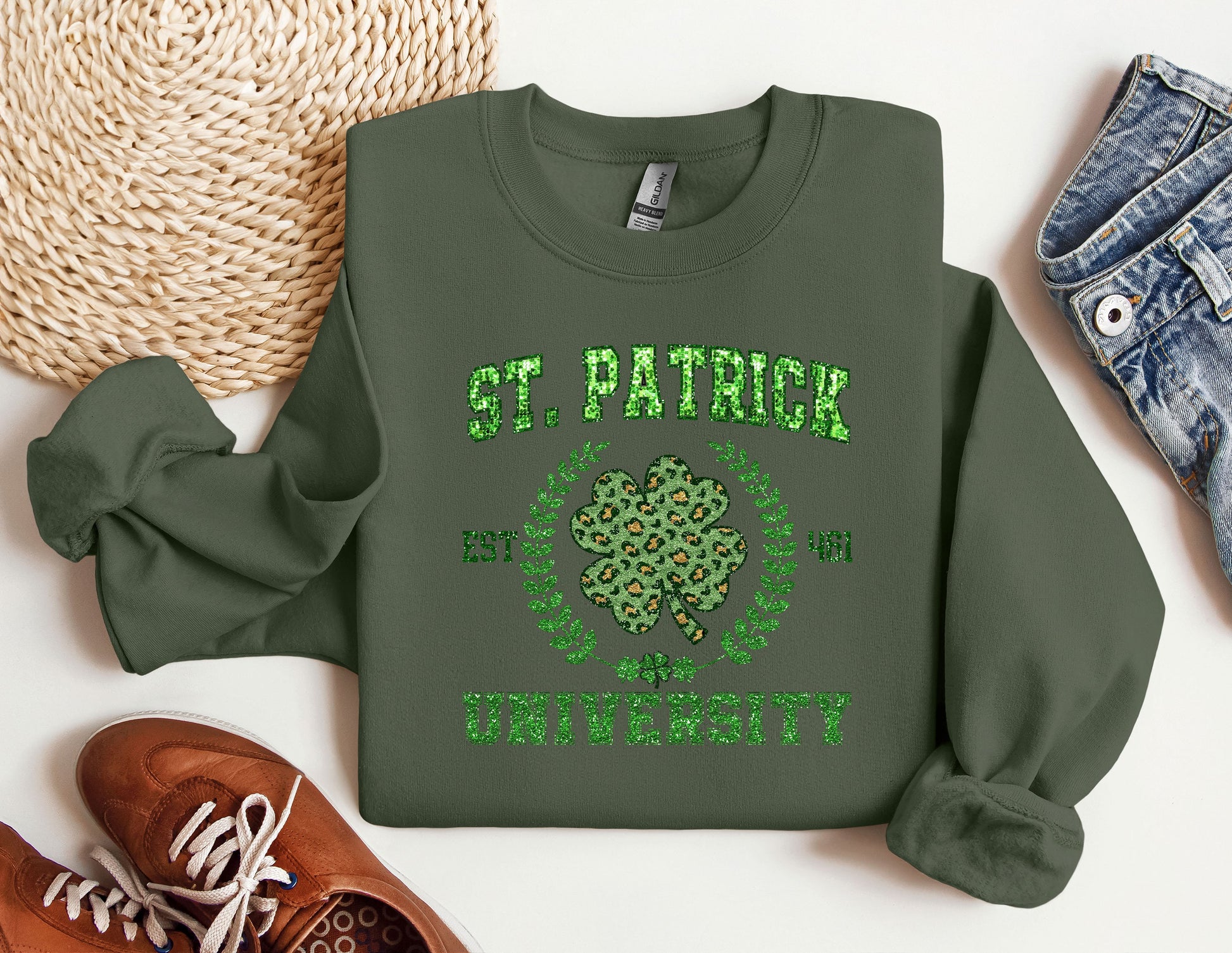 a st patrick&#39;s day sweatshirt with a shamrock on it