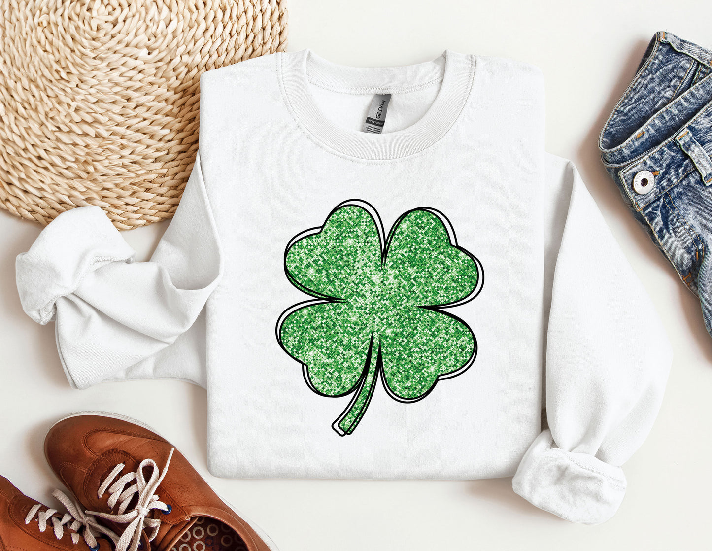 a st patrick&#39;s day sweatshirt with a shamrock on it