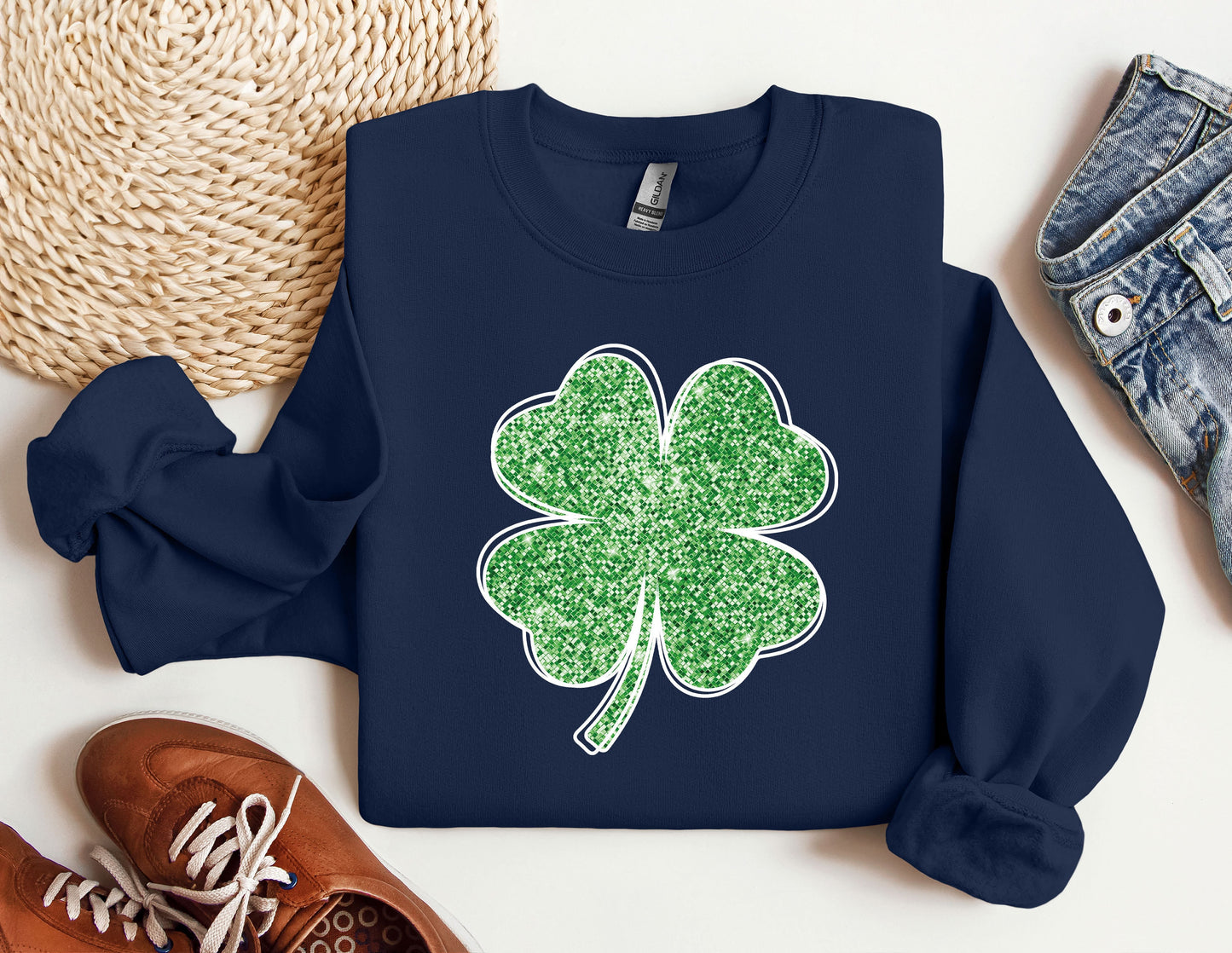 a st patrick&#39;s day sweatshirt with a shamrock on it