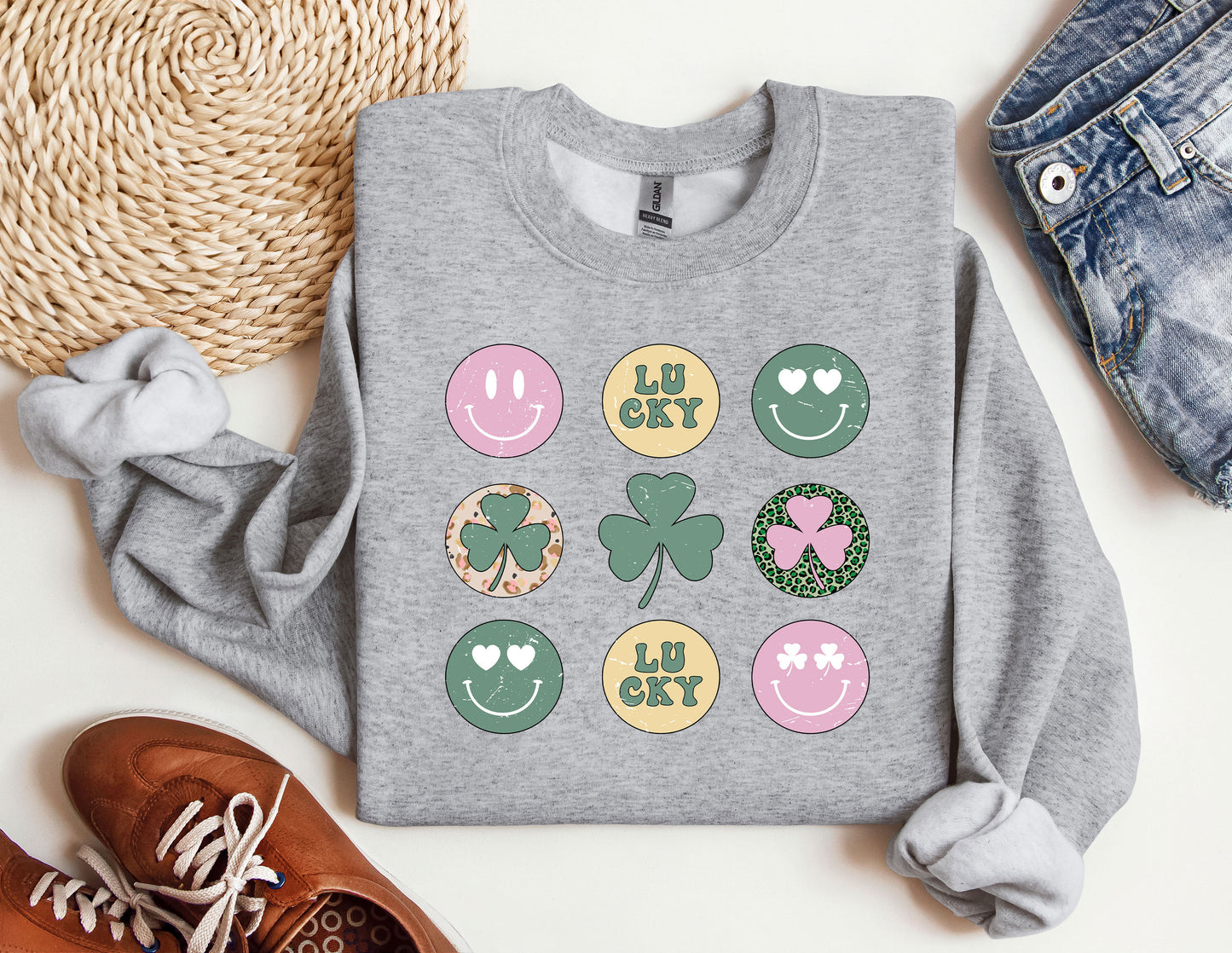 a st patrick&#39;s day sweatshirt with shamrocks and shamrocks on it