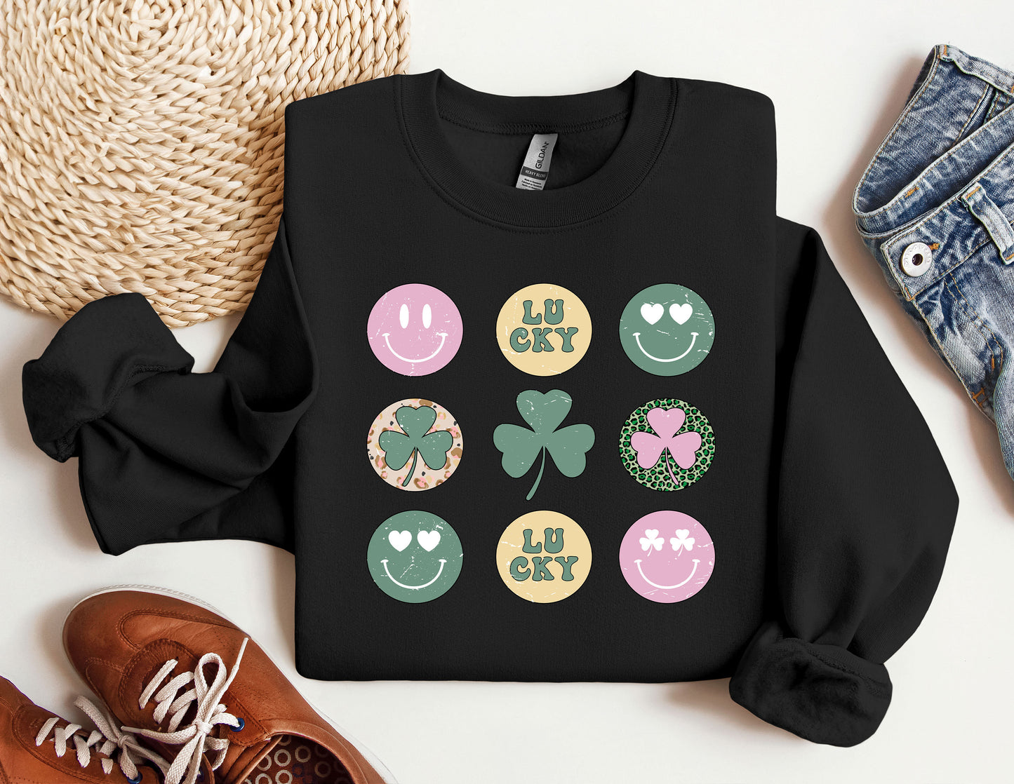 a st patrick&#39;s day sweatshirt with shamrocks and shamrocks on it