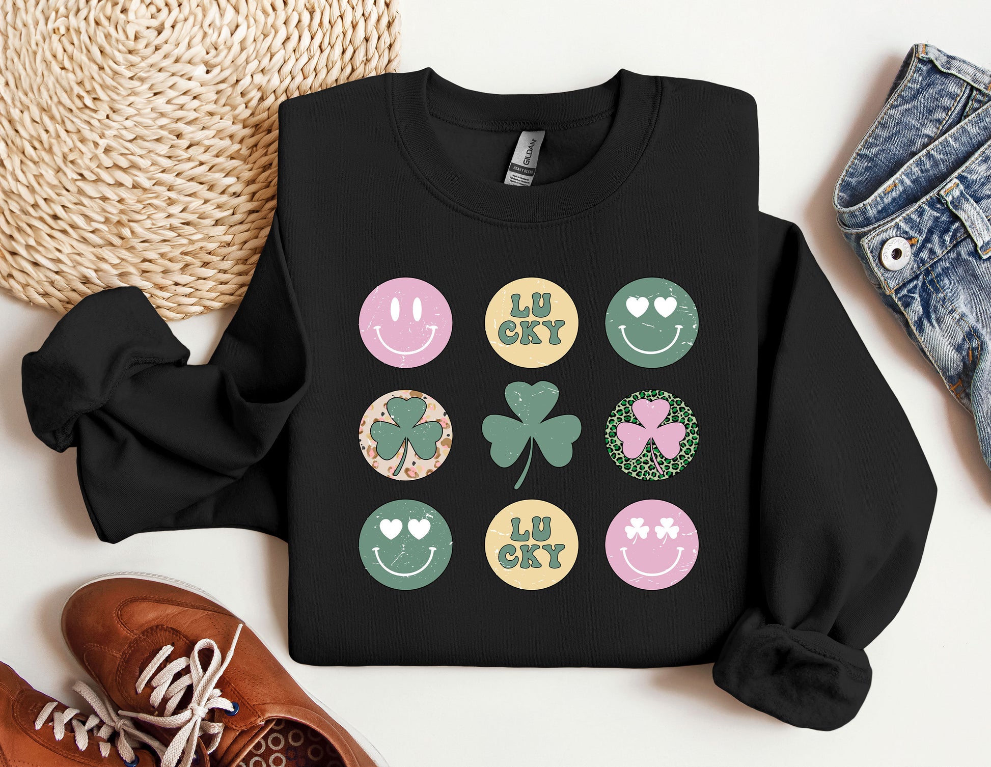 a st patrick&#39;s day sweatshirt with shamrocks and shamrocks on it