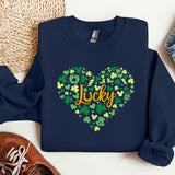 a blue sweatshirt with a shamrock heart and the word lucky on it